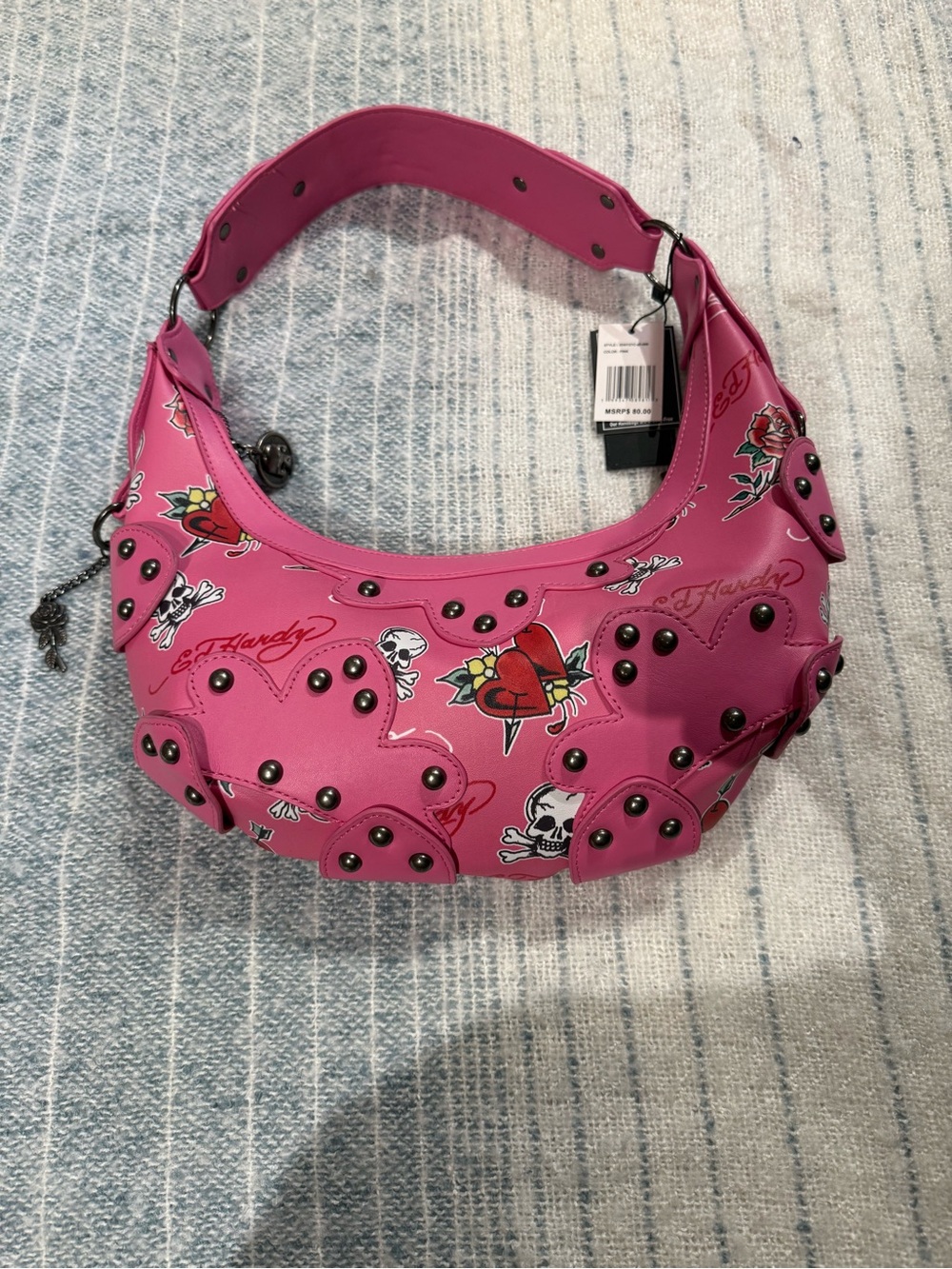 Pink Ed Hardy Patchwork Studded Iconic Tattoos Hobo Bag